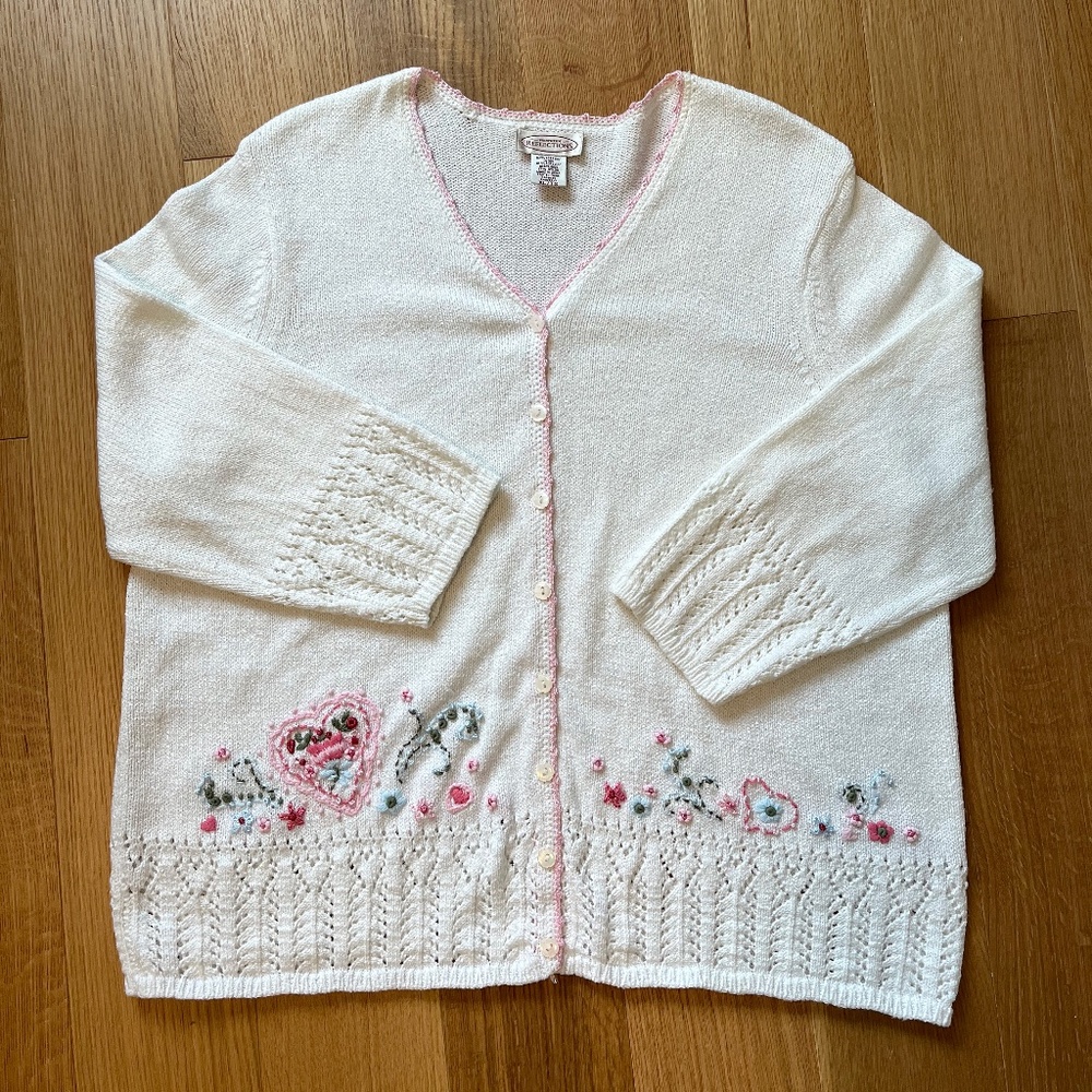 Northern Reflections Vintage Floral Embroidered Cardigan in White Cotton